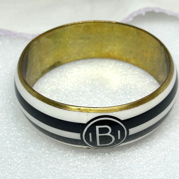 Vintage Black & White Striped Monogram "B" Bangle Bracelet w Gold Tone - Picture 7 of 7